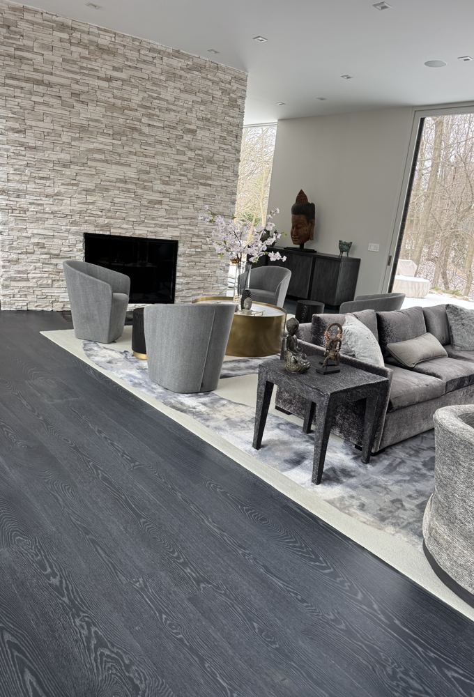 Refinished hardwood floor with custom stain in a Highland Park home